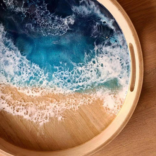 Coastal 3D Waves Round Resin Serving Tray w. Handle, Charcuterie Board, Bamboo, Walnut or Acacia, Beach Ottoman Tray