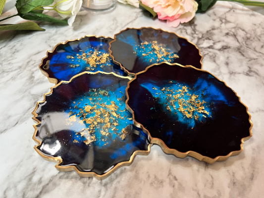 Royal Blue, Black & Gold Luxury Tray and Coasters Set, Resin/Epoxy with 18K or Gold Edge, Home Decor Gift, Hostess Present