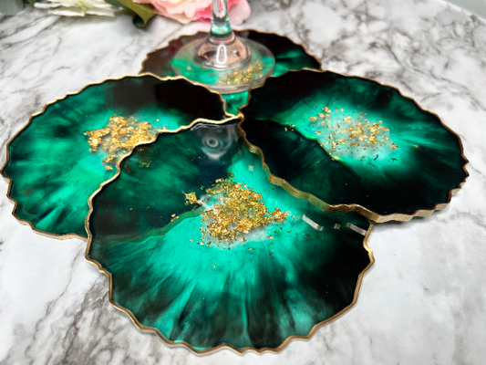 Luxury Black, Emerald Green & Gold Epoxy Coasters, Agate Coasters Set, Beverage Coasters and Tray Set, Decorative Coasters