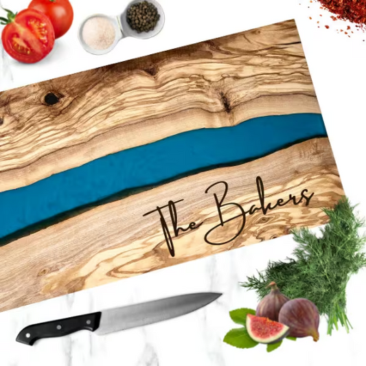 Live Italian Olive Wood Charcuterie Cheese Board Set w/ Epoxy River, 19x8 Engraved Serving Board, Personalized Luxury Gift