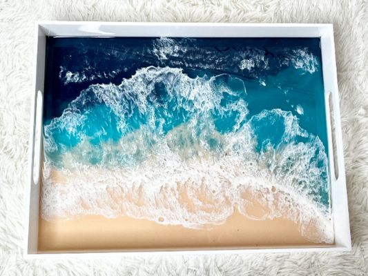 White Rectangular 16x12 Serving Tray Set with Coasters, Coastal Serving Tray, Beach Resin Tray, Gifts Under 100